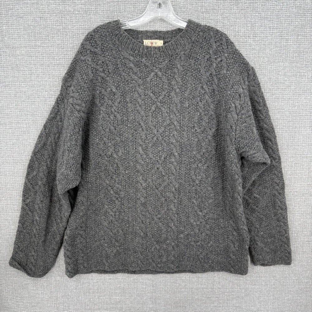 Vtg J. Crew Oarsman Cable Knit Sweater Men M Grey Wool Blend Preppy
